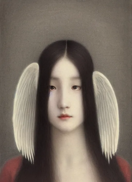 Image similar to thin young wan beautiful angel, silver hair so long, pale!, long silver hair, silver angel wings, smooth skin, wan adorable korean face, silver hair!!, style of fernand khnopff and lucien levy - dhurmer, oil on canvas, 1 8 6 2, 4 k resolution, aesthetic! beautiful!,