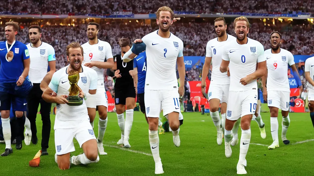 Prompt: Harry Kane wins the World Cup for England and lifts the Jules Rimet trophy. Harry Kane wears a white England football shirt with three lions on the badge