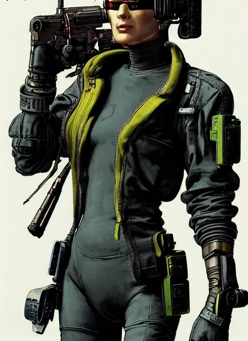 Image similar to cyberpunk mercenary in tactical gear and jumpsuit. portrait by stonehouse and mœbius and will eisner and gil elvgren and pixar. realistic proportions. dystopian. cyberpunk 2 0 7 7, apex, blade runner 2 0 4 9 concept art. cel shading. attractive face. thick lines.