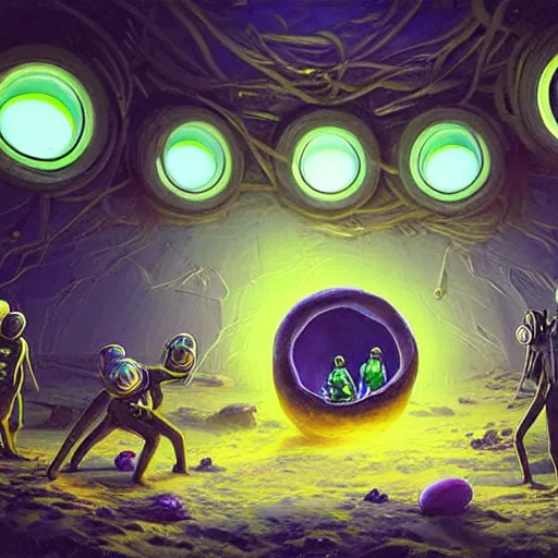 Prompt: a crew of space explorers enter inside a alien nest full of hatching eggs, dark cave, green bioluminescent light, futuristic, realistic, highly detailed, real picture