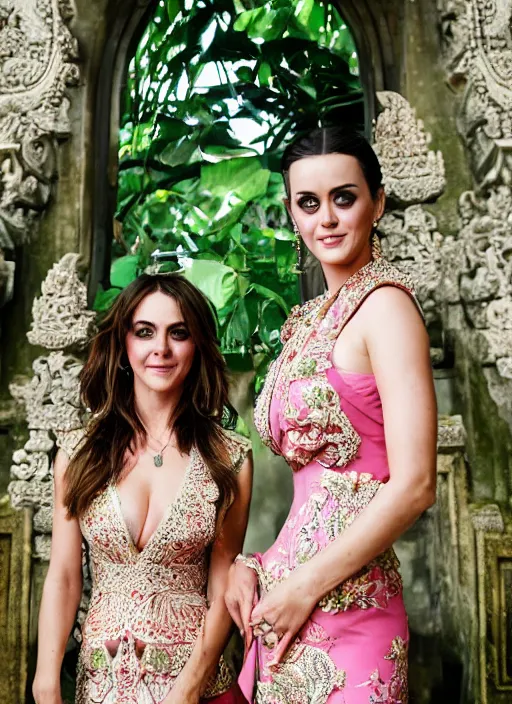 Prompt: portrait of elizabeth hurley and katy perry wearing kebaya in bali temple, by charlotte grimm, natural light, detailed face, beautiful features, symmetrical, canon eos c 3 0 0, ƒ 1. 8, 3 5 mm, 8 k, medium - format print, half body shot