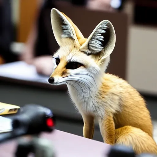 Image similar to a fennec fox testifying in court, photography, highly detailed