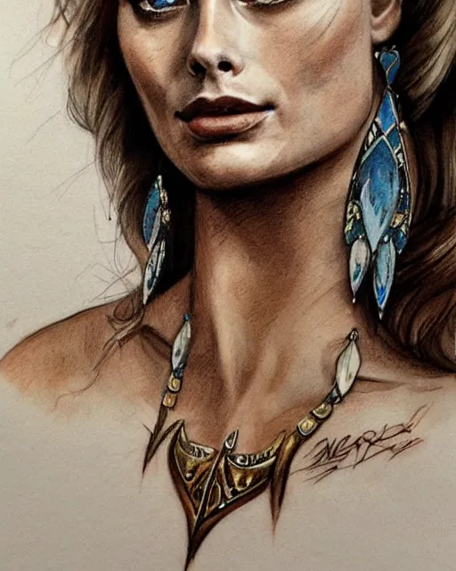 Image similar to realism tattoo sketch of margot robbie as a beautiful greek goddess aphrodite with piercing eyes wearing a laurel wreath and triangle earrings, in the style of greg rutkowski, amazing detail