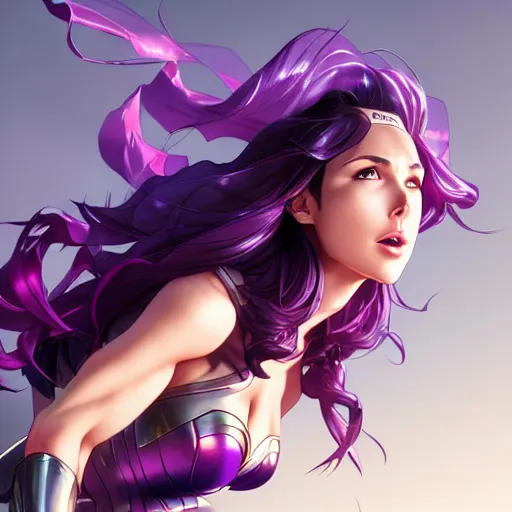 Image similar to A wide-shot anime still of purple-haired Gal Gadot sliding on knees by Stanley Artgerm Lau, WLOP, Rossdraws, James Jean, Andrei Riabovitchev, Marc Simonetti, and Sakimichan, trending on artstation