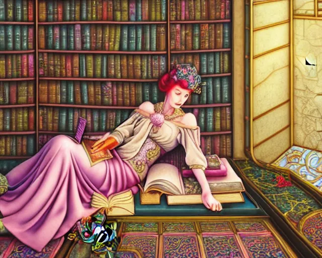 Image similar to a detailed fantasy pastel of a woman wizard in ornate clothing lounging on a purpur pillow on the marble floor in front of her bookcase in a room, reading an ancient tome. to the side is a potted plant, moody light. ancient retrofuturistic setting. 4 k key art. raytracing, perspective, by chie yoshii and casey weldon