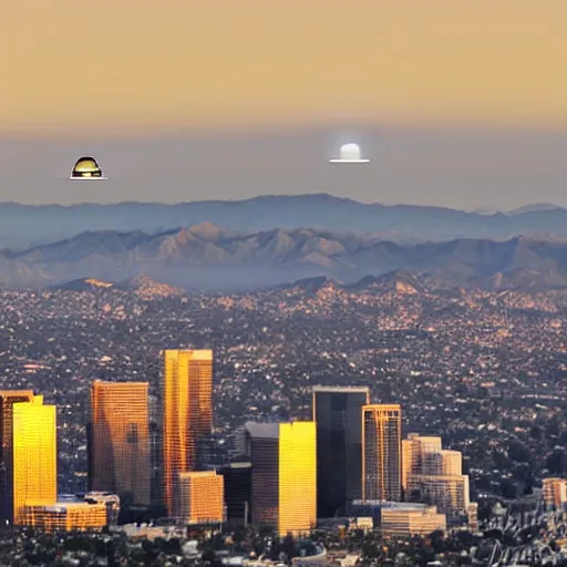 Prompt: actual photograph of UFO hovering over LA, award winning, golden hour,