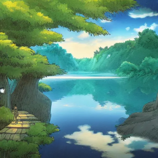 Image similar to a beautiful lake, fantasy art, 2 d, by studio ghibli