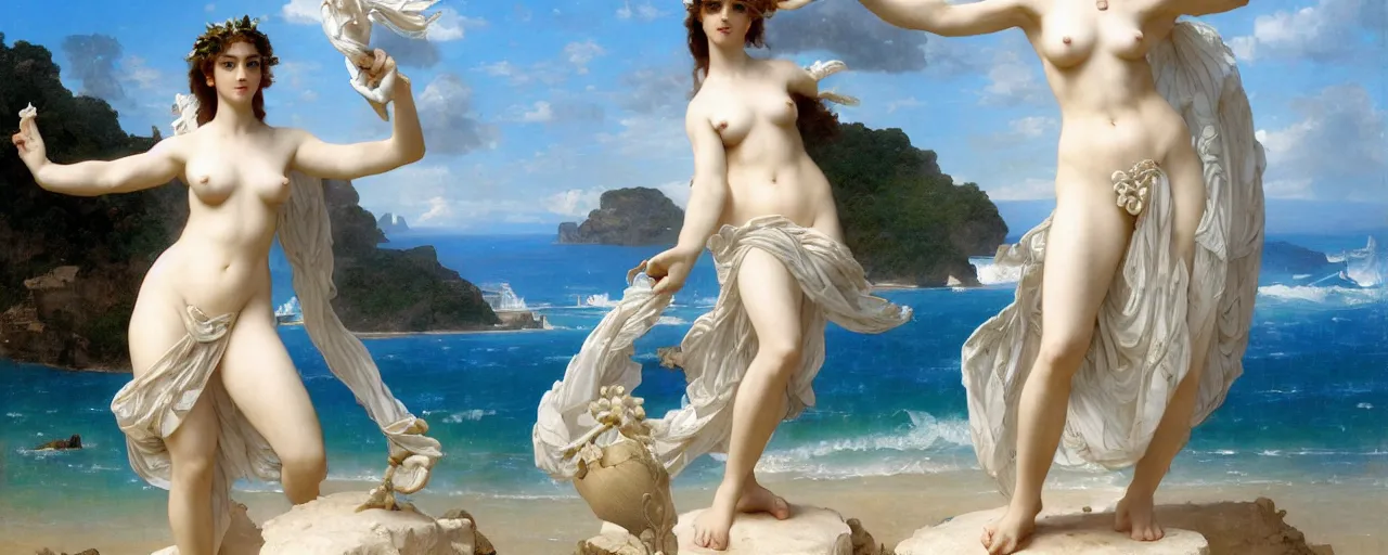 Prompt: Full View of Greek Goddess Aphrodite standing on a pearlescent seashell on a tropical beach with the ocean surf in the background. Masterpiece 4k digital illustration by Ruan Jia and Mandy Jurgens and Artgerm and William-Adolphe Bouguereau, award winning, Artstation, art nouveau aesthetic, Gustave Dore' background, intricate details, realistic, panoramic view, Hyperdetailed, 8k resolution, intricate art nouveau, smooth, sharp focus - 768