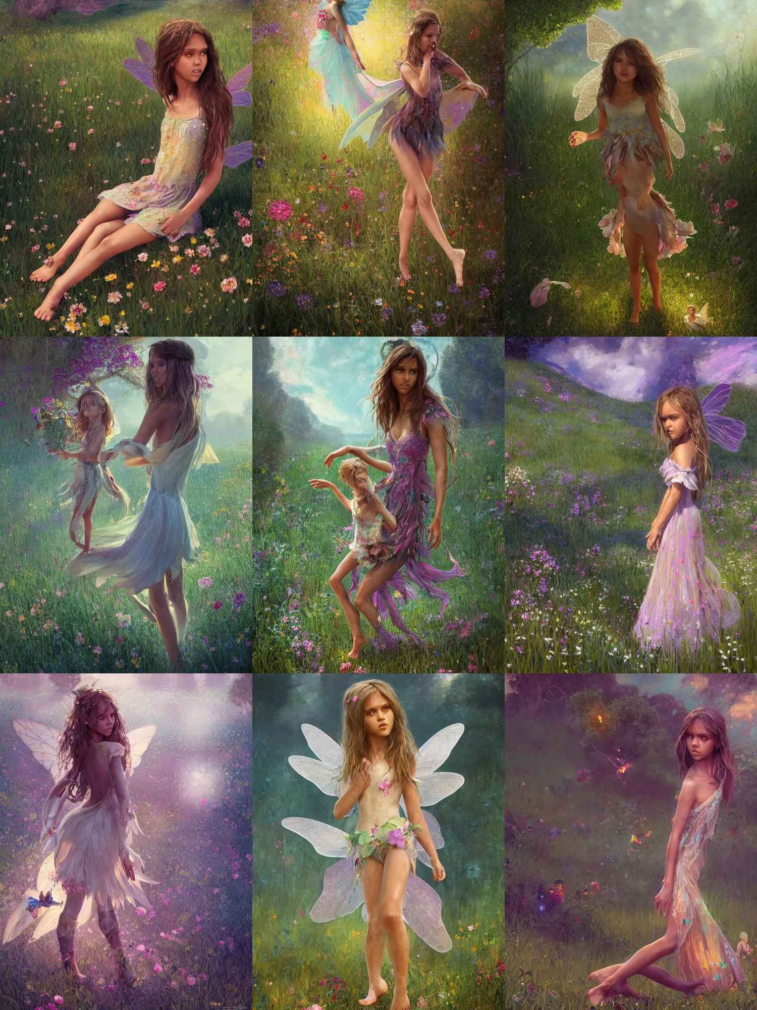 Prompt: barefoot jessica alba girl as a fairy, farm, udine, gestural, tattoos, hyper detailed, digital art, trending in artstation, cinematic lighting, studio quality, smooth render, unreal engine 5 rendered, octane rendered, art style by klimt and nixeu and ian sprigger and wlop and krenz cushart