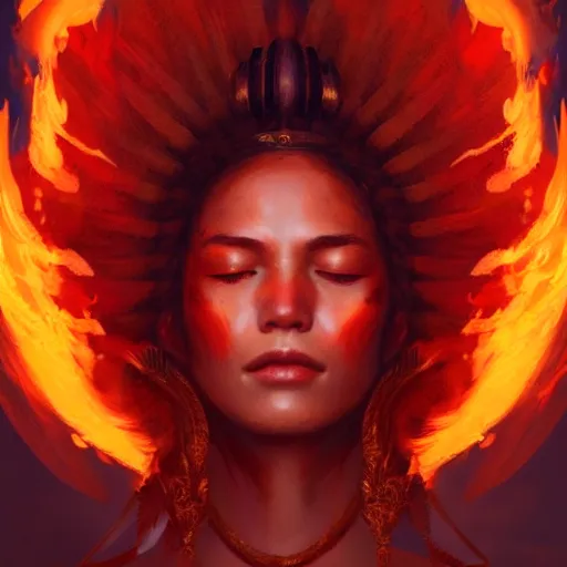 Image similar to a beautiful portrait of a fire goddess with closed eyes by Greg Rutkowski and Raymond Swanland, Trending on Artstation, Flaming Background, ultra realistic digital art