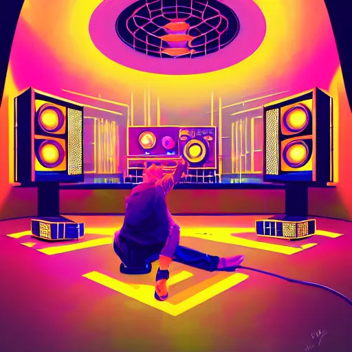 Image similar to a dj creating disco music in an underground lab, surrounded by large retro speakers, digital painting, artstation, ristan eaton, victo ngai, artgerm, rhads, ross draws, anime styled, hd, 4 k