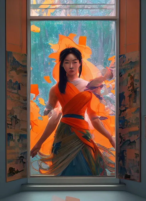 Image similar to view through window, mulan, orange, splash aura in motion, floating pieces, painted art by tsuyoshi nagano, greg rutkowski, artgerm, alphonse mucha, spike painting