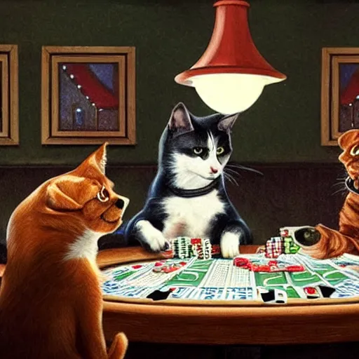 Image similar to two dogs and a cat playing poker at night, burgers everywhere