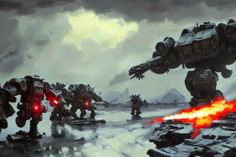 Prompt: intense vibrant film still of infantry wearing trenchcoats charging across a bridge, giant mechs in the background, sci fi, snowy mountain battle 1 9 4 4, airplanes, oil painting by john singer sargent, adrian smith, greg rutkowski, trending on artstation