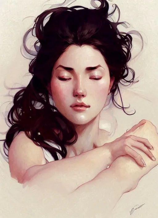 Prompt: beautiful woman in white, lying on a stage with eyes closed, digital painting, artstation, concept art, smooth, sharp focus, illustration, art by artgerm and greg rutkowski and alphonse mucha