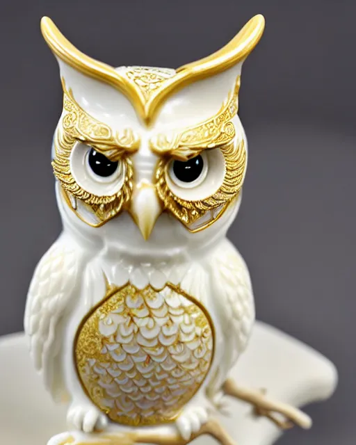 Image similar to royal ornate snow white porcelain realistic detailed owl sanctuary stronghold fortess with golden filigree carved out of ivory