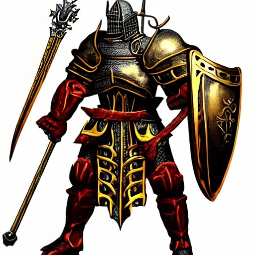 Prompt: portrait the great muscular knight dark souls in golden red armor made of polished dragon bones looks relaxed, victorian era