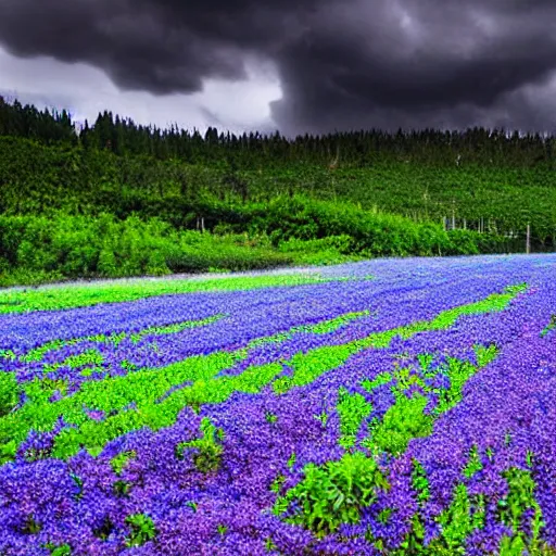 Prompt: ominous clouds over a blueberry field, beautiful photo, award winning