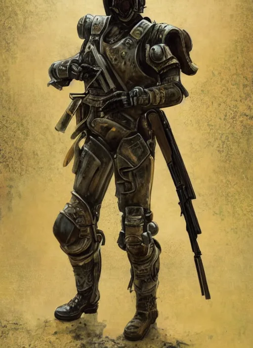 Prompt: a detailed painting of a man in post apocalyptic modern armour and a helmet walking around a wasteland holding a modified shotgun. hd. 1 9 5 0 s painting style. detailed background