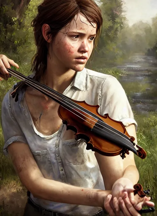 Image similar to portrait of ellie from the last of us in a white dress playing the violin. by Daniel F. Gerhartz, hyperrealistic oil painting, 4k, very detailed faces, studio lightning