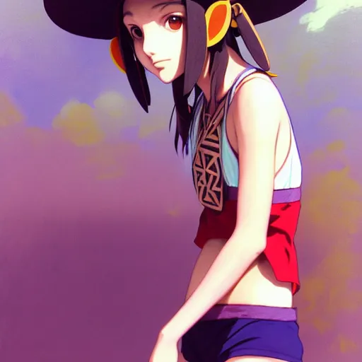 Image similar to beautiful boyish natalie portman alluring gravure model in majora's mask, wearing wooden mask and baseball cap and leotard, street wear with subtle mayan patterns, aztec bathing suit, gapmoe yandere grimdark, trending on pixiv fanbox, painted by greg rutkowski makoto shinkai takashi takeuchi studio ghibli, akihiko yoshida