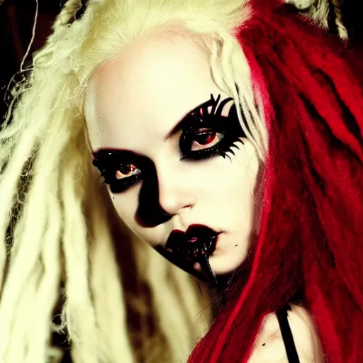 Prompt: kerli koiv flawless beautiful gothic with blonde and red dreadlocks in a black ballgown, dark, piercing clear eyes, exotic expression, photorealistic, highly detailed, mysterious lighting, smooth, sharp focus, 8 0 mm camera