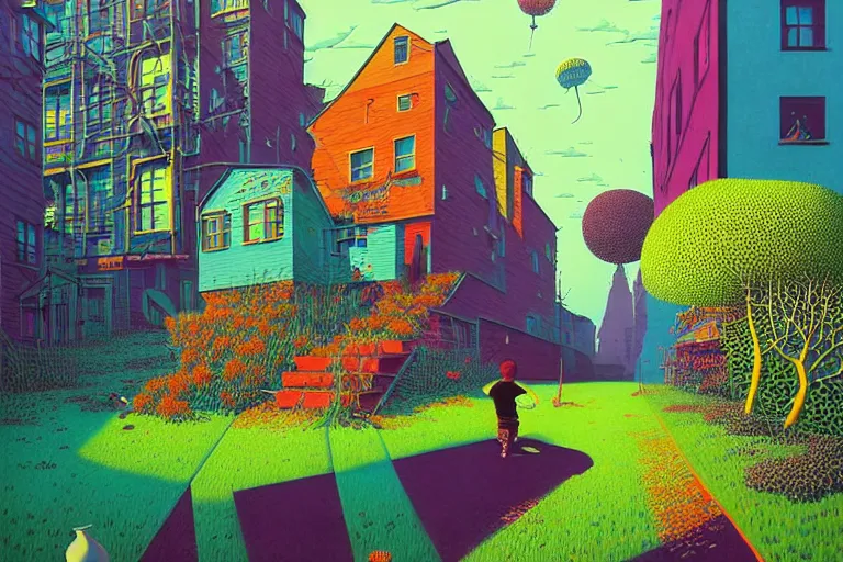 Image similar to surreal glimpse into other universe, seattle, summer morning, very coherent and colorful high contrast, art by!!!! gediminas pranckevicius!!!!, geof darrow, floralpunk screen printing woodblock, dark shadows, hard lighting, stipple brush technique,