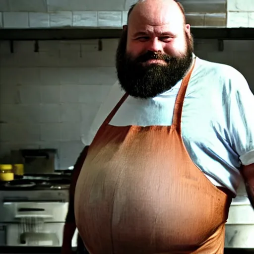 Image similar to photograph of a heavyset middle aged balding French man with a beard, a hairy chest and a pot belly wearing an apron