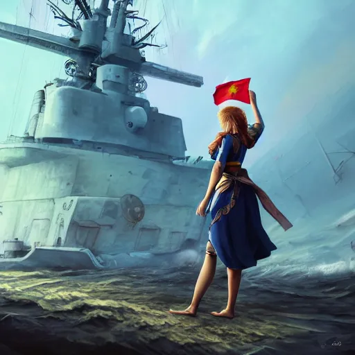 Prompt: ukrainian girl with ukrainian flag near big ruined warship, trying to survive, everywhere, concept art, trending on artstation, highly detailed, intricate, sharp focus, digital art, 8 k