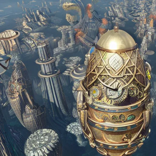 Image similar to enormous flying city in a gigantic faberge egg, sky, steampunk, flying islands, fantasy art, unreal engine,