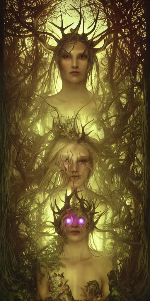 Image similar to intense bioluminescent pagan god with antlers and fangs and intense glowing eyes in very dark forest by mark ryden and alphonse mucha, portrait, fantasy, clear, light beams, lens flare, intense, uhd, amazing depth, cinematic lighting