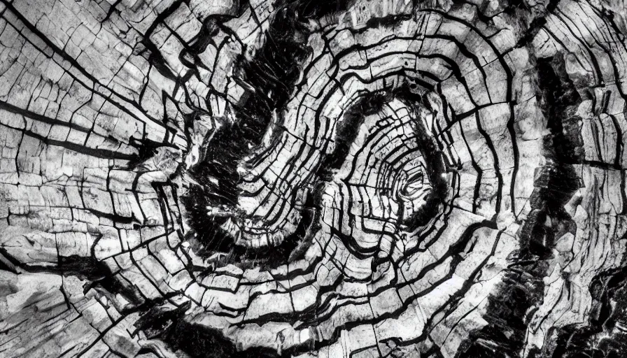 Image similar to petrified forest national park arizona in the style of bernie wrightson geode aesthetic abstract horror black and white