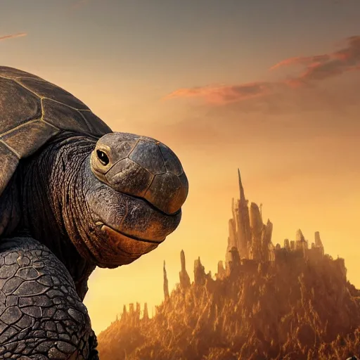 Image similar to giant tortoise towering over a harsh barren sandy wasteland with a large fantasy castle rising from the top, distant shot angled slightly down, fantasy, hyper detailed, 4 k, howls moving castle, mortal engines, kaiju,