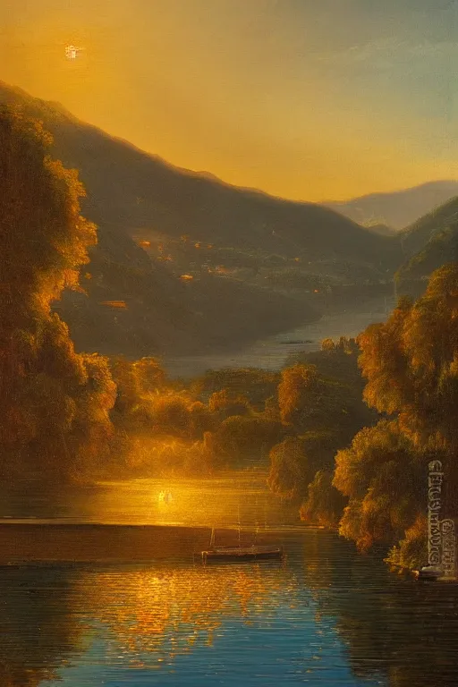 Prompt: A beautiful oil painting of Lake Como, intricate, elegant, golden hour, volumetric lighting, summer, hyperrealistic, colorful, hyperdetailed.