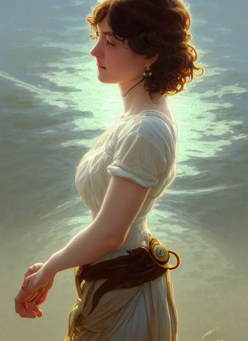 Image similar to full body portrait of a woman with short wavy hair, round face, cottagecore!!, lake water, intricate, enlightenment, highly detailed, digital painting, artstation, concept art, smooth, sharp focus, illustration, art by artgerm and greg rutkowski and alphonse mucha