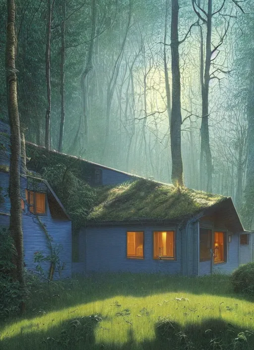 Image similar to hyper realistic witchy modern house with mood lighting and tech in the woods gorgeous lighting, sunbeams blue sky, highly detailed, lush forest foliage painting by zdzisław beksinski and norman rockwell and greg rutkowski weta studio, and lucasfilm