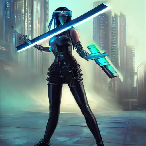 Image similar to cyberpunk girl with a katana in front of a cybernetic building, electric energy, beautiful, full body shot, getting ready to fight, heroic pose, urban motifs, intricate, elegant, highly detailed, digital painting, trending on artstation, concept art, smooth sharp focus, illustration, art by artgerm and greg rutkowski