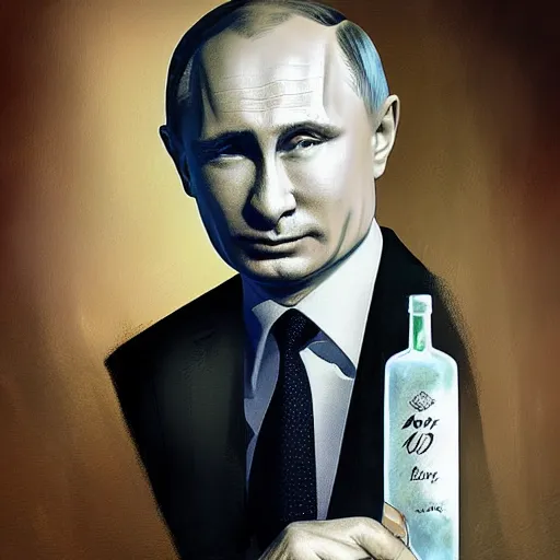 Prompt: putin holding a bottle of israeli arak, cinematic, beautiful digital painting, hyper detailed