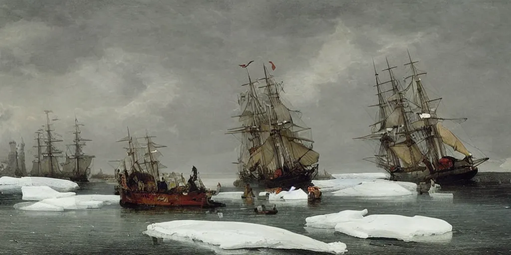 Image similar to a single 1840s British sail ship stuck in sea ice, HMS Erebus, grim, HD, frozen sea, ice seracs, painted by Edwin Henry Landseer