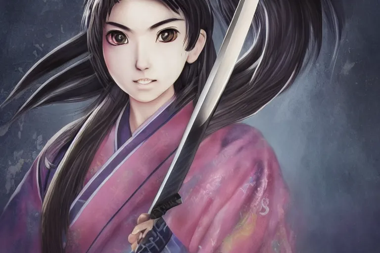 Image similar to beautiful photo of a young female samurai, practising sword stances, symmetrical face, beautiful eyes, realistic anime art style, large oversized anime style sword, highly detailed, 8 k, award winning photo, muted pastels, action photography, 1 / 1 2 5 shutter speed, dramatic lighting