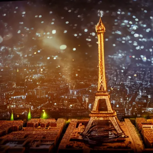 Image similar to a detailed photo of a diorama city, paris eiffel tower, macro photography, zoom, model trees, studio lighting, hyperdetailed, bokeh, smoke