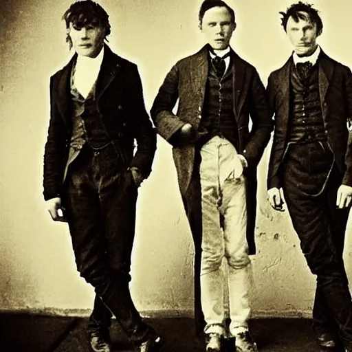 Prompt: rare early victorian photograph of cillian murphy, tom hardy, tom hiddleston, very grainy, blurry, 1 8 4 0 s, 1 8 5 0 s, realistic face