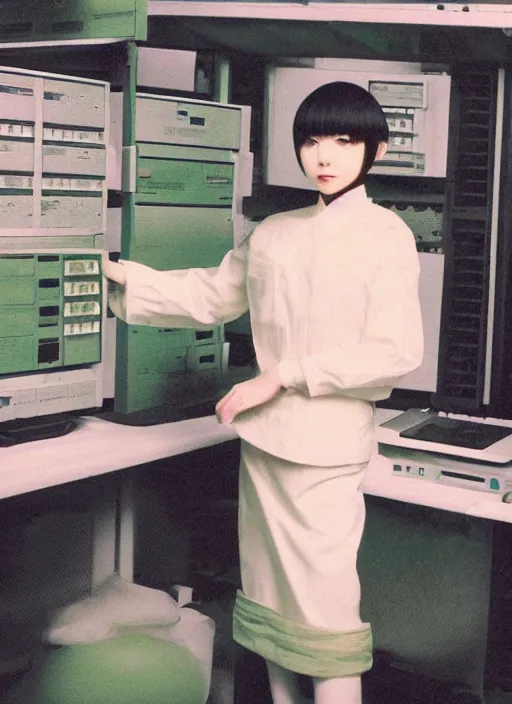 Prompt: shiki eiki, bobbed and bowl cut hair, green hair color, standing in a server room, wearing business casual dress, 4 k, vaporwave, cinecolor, bladerunner style