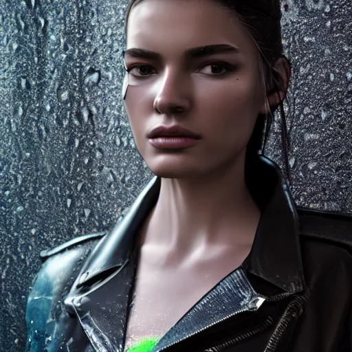 Prompt: stylish woman cartoon portrait made out of rain, leather jacket, cyberpunk background, rendered in octane, unreal engine, highly detailed, trending on artstation, realistic, neon, beautiful