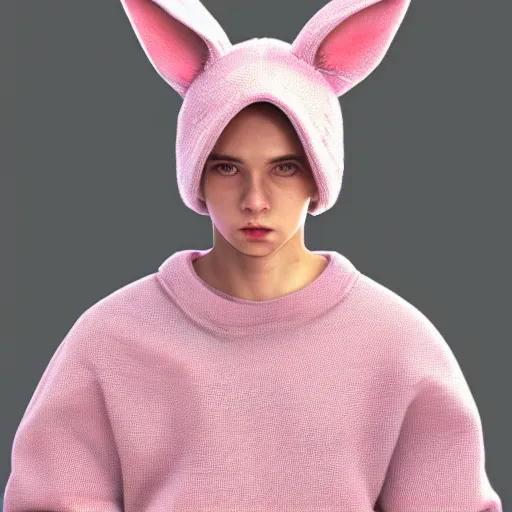 Prompt: ultra realistic illustration, young man in a pink sweatshirt, brown hair, pink bunny ears, cute, highly detailed, artstation, concept art, smooth, sharp focus, octane render, unreal engine 5, hyperrealism