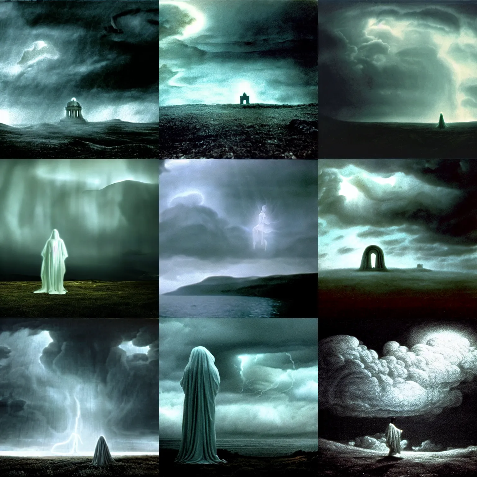 Prompt: eerie, greek fantasy landscape, a giant translucent shining ghost creature in the stormy clouds, stanley kubrick movie frame, sharp focus, hyperrealistic