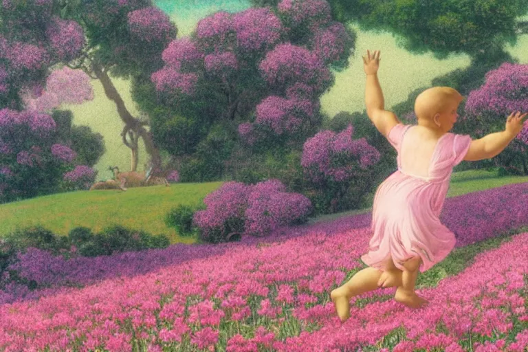 Image similar to a staffordshire terrier in a pink baby dress running through a field of flowers, in the style of maxfield parrish