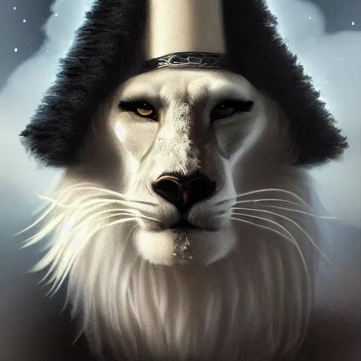 Image similar to portrait of a white panter with a very long fur and wizard hat, fantasy, trending on artstation, heroic pose, illustration, highly detailed, simple, 8k