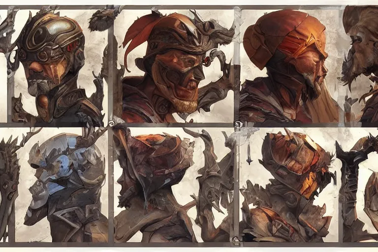 Prompt: 2x2 item concept art grid of legendary artifact loot headgear by artgerm and Craig Mullins, James Jean, Andrey Ryabovichev, Mark Simonetti and Peter Morbacher 16k