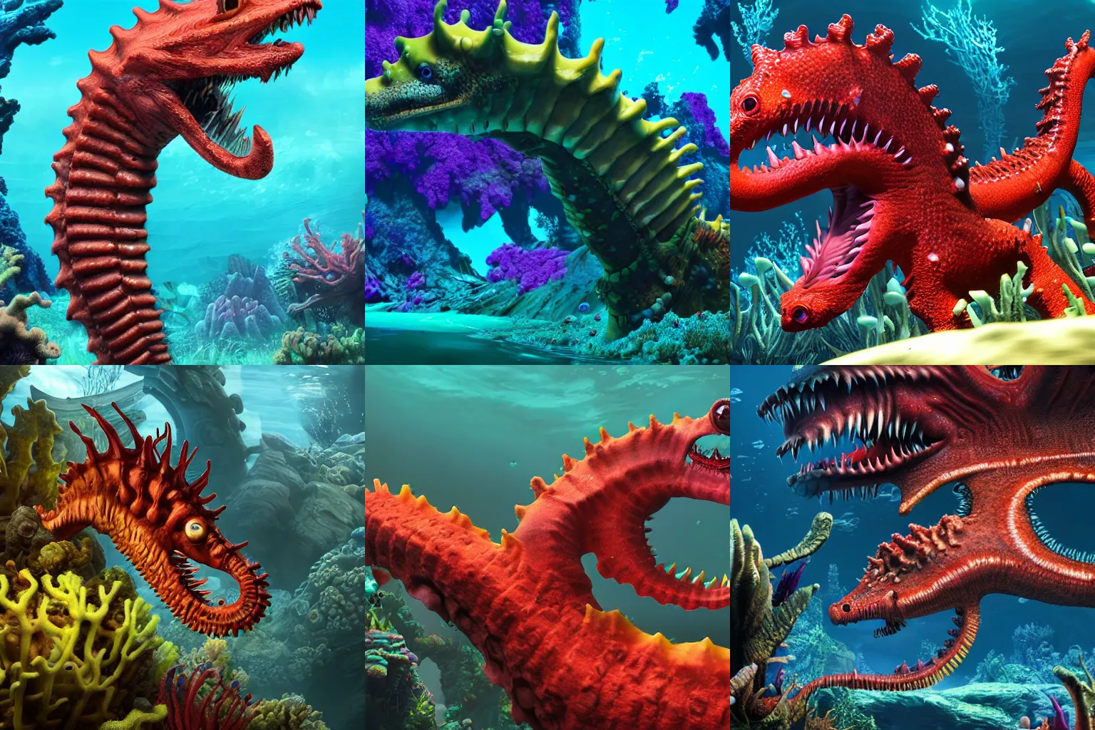 Prompt: monstrous seahorse leviathan, with the roaring toothy mouth of a dragon, living in a deep, dark coral reef. style of subnautica. video game concept art. photorealistic. unreal engine. 4 k. underwater horror.